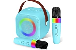 Nfhkpa Karaoke con Microfono Bambini, Portatile Bluetooth Mini Karaoke per Bambini con 2 Microfoni Wireless, Microfono per Bambini con Luce LED, per Casa Festa Regalo (Blu)