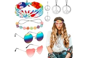 LOHAME 8pz Hippie Costume Set Retrò Accessori Hippie Costume Bohemia Set Costume Anni '60 anni '70-Occhiali da Sole Collana Orecchini con Segno di Pace Fascia-per Festa Spiaggia Viaggio Foto Regalo