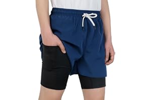 LAUSONS Short de Sport Enfant Garçon 2 en 1 Shorts de Course Séchage Rapide Fitness Short avec Poches