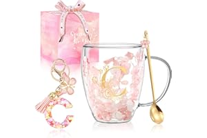 BIGNOSEDEER Taza de café de cristal para mujer, regalo único de cumpleaños para mujeres, tazas de té expreso, regalos personalizados para amigas, mamá, lindas tazas de vidrio de doble pared, Navidad, día de San