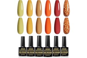 INPING Esmalte Semipermanente, 6 Color Otoño Brillante Pintauñas Gel, Naranja Rojo Amarillo Verde Calabaza Fiesta UV LED Duradero Gel para Halloween Acción de Gracias Carnaval Manicura Kit