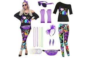 TOLOYE 80s Fancy Dress for Women, 80s Costume Outfit with 80s Neon Accessories, 1980s T Shirt Pantalon Fanny Pack, 80s Disco Fancy Dress, 80's Vintage Hippie Costume for Carnival Party