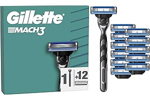 Gillette Mach3 Base Maquinilla De Afeitar Para Hombre Con Recambios, 1 Mango, 12 Cuchillas De Recambio Con 3 Hojas y Banda De Gel Lubricante Para Un Afeitado Suave