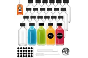 PIMDYGO Lot de 24 Mini Bouteilles en Verre de 60 ML, Petite Bouteilles en Verre avec avec Bouchons Noirs et et Entonnoir Verseur, Fiole en Verre idéales Pour Huiles Essentielles, Shots de Gingembre et Plus