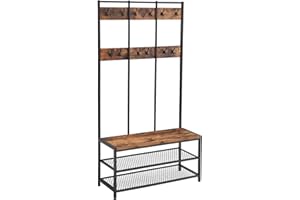 VASAGLE Large Coat Rack, Entryway Cabinet with 12 Hooks and Shoe Bench, Industrial Style Cloakroom Shelf, Office Bedroom, Steel Frame, Rustic Brown and Black HSR86BX