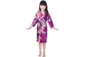 Westkun Kimono Bambina e Ragazze Vestaglia Vestito Cinese Pigiama Accappatoio Giapponese Lunga Estiva Pavone e Fiori Partito Nozze Pigiameria Robe