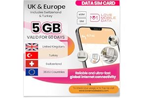 LOVE 2 SURF Love Mobile Data Only Sim Card - International Multi-Network 4G/5G Prepaid Pay As You Go Data Sim for Mobile Phones, WiFi Routers, & More, Europe, UK, Switzerland & Turkey - 5GB for 60 Days