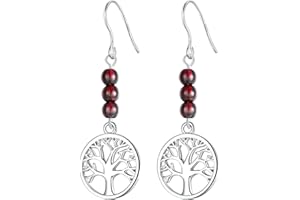 J.Endéar Pendientes para Mujer Árbol de la vida, Pendientes Plata 925 con Granate Para Mujer, Caja de Regalo de Marca