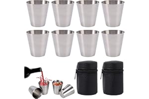 JYNLJKBF Bicchieri Da Liquore In Metallo 8 Pcs Tazza Da Liquore In Acciaio Inossidabile Bicchieri In Metallo Impilabili Mini Tazza Con 2 Tasche In Pelle Per Grigliate All'Aperto In Vacanza Nero