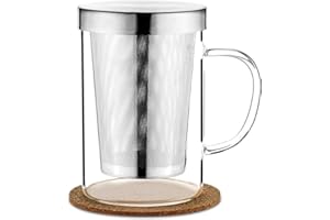 AOOTE Przezroczysty kubek do herbaty ze szkła borokrzemowego z zaparzaczem, pokrywką i podstawką z korka - 500 ml kubek do moczenia napojów i kawy lodowej