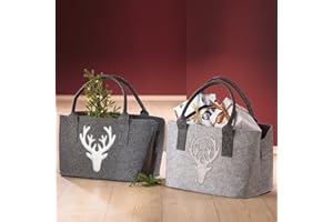 GILDE Filztasche Hirsch Glitter Grau mit Riemen Zeitung Shopping Holz Korb Tasche ca 26 x 44