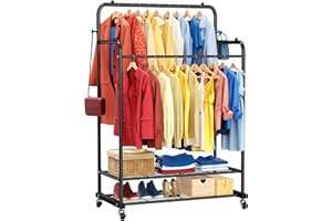 ZHKINGGS Heavy Duty Clothes Rail with Wheels, Double Rails Metal Clothes Rack with Hooks & Storage Shelf, 80kg Load Freestanding Garment Rail for Bedroom/Laundry/Shop (Black)