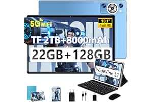 DEERTIME 2025 Newest Tablet 10 Pulgadas Android 14, 22GB RAM+128GB ROM/TF 2TB, 8-Core 2.0 GHz, 8000mAh, 5G WiFi, Widevine L1, GMS Certificado, Bluetooth 5.0, Widgets, Tablet con Funda, Teclado y Ratón - Azul