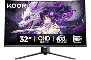 KOORUI 32 inch Curved Gaming Monitor,1440p(2560x1440),170Hz.1ms, 2K, QHD,VA 1500R, HDR10,Adaptive Sync, VESA & Eye Care Ultra-Thin Support DP/HDMI
