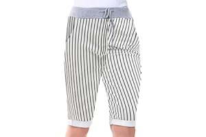 Love My Fashions® Women's Italian Shorts Ladies Summer Cotton Turn-Up 3/4 Cropped Printed Trousers Elasticated Drawstring Knee-Length Denim Magic Shorts