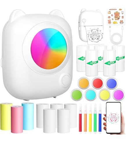 Ambesty Mini Drucker Bluetooth | Tragbarer Thermodrucker Ohne Tinte - Mit 13 Papierrollen & 5 Stiften Für Fotos & Listen