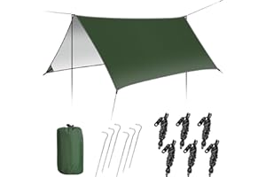 GEEDIAR Hammock Rain Fly Tent Tarp 300 x 300cm - PU3000MM-Anti-UV, Lightweight Waterproof Camping Shelter for Outdoor, Travel, Sunshade, Rain, Hammock - Poles Not Included (Dark Green)