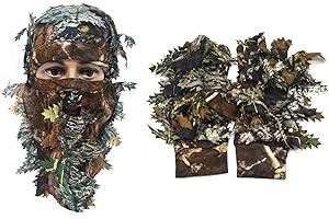HUENCO Maschera mimetica 3D Leaf Stereo Turchia +1 paio Pesca Caccia Guanti foglia 3D Sport all'aria aperta Caccia Ghillie Suit
