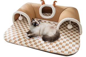 ALLSOPETS Tunnel per Gatti Pieghevole – Letto con Giocattolo Pensile e Base Antiscivolo – Per Gatti Piccoli, Medi, Grandi e Conigli (Cervo Marrone, M)
