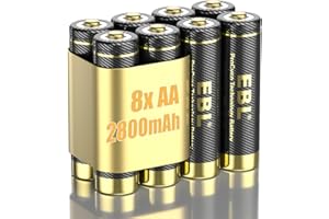 EBL Rechargeable Batteries AA 2800mAh, 8 Count AA High Capacity Ni-Mh Goldtop Premium Batteries Rechargeable