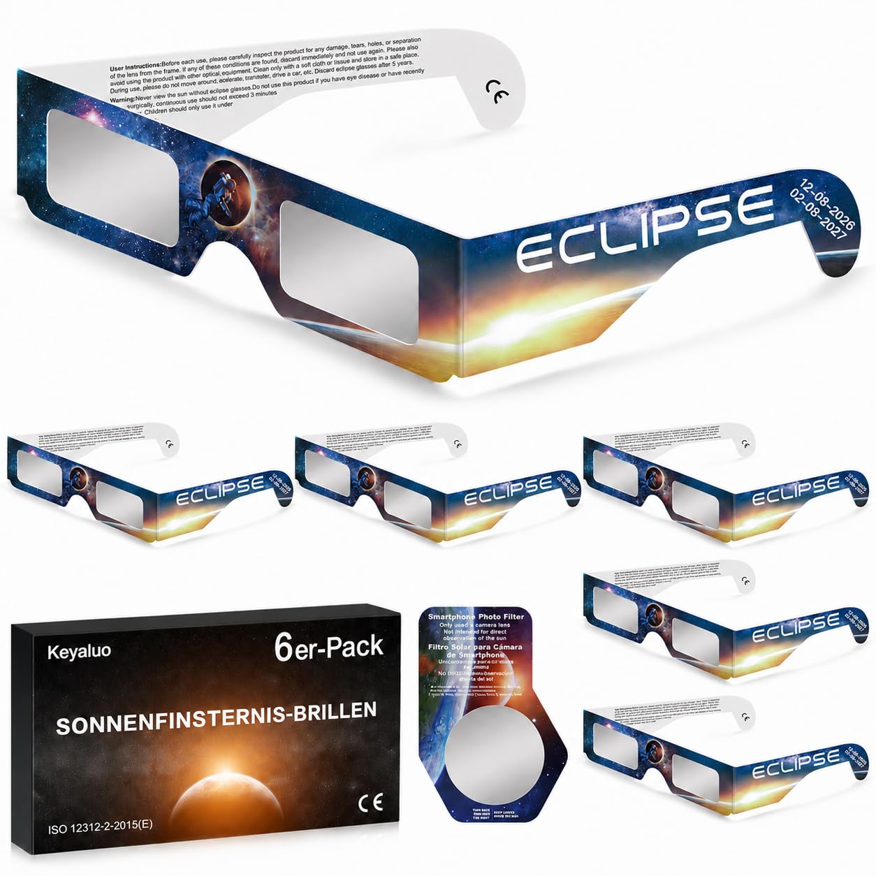 Keyaluo 6/12/100 Sonnenfinsternis Brille,EN ISO 12312-2:2015(E) & CE-zertifiziert,AAS Zertifizierung 2026,Sonnenfinsternis Brillen zur direkten Sonnenbeobachtung