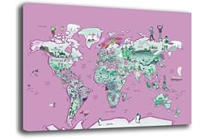 PRINTERLAND Quadri Moderni MAPPAMONDO Mappa mondo Bambini Bimbo Bimba Quadro moderno da Parete XXL grande Stampa su tela Canvas Decorazione Murale muro Camera Cameretta bimbi (50x70 cm, Rosa)