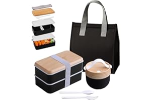 Aiuuee Bento Lunch Box avec Sac Kit, 1400 ML Boite Repas avec 11 L Sac Isotherme Repas et 600ml Mug Soupe et Couverts, Lunchbox Micro Ondable, Boite Bento Travail Adulte（Noir）