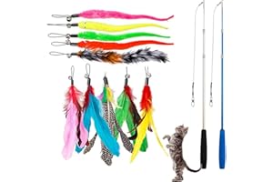 HOTMNTY Pesca per gatti stabile con piume, 1 set di bastoncini per giocattoli per gatti, giocattolo per gatti con piume, bacchetta magica per gattini giocattolo con 2 pesci a scomparsa e 10 pezzi di ricambio