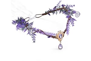 MOSTORY Flower Headband Elf Garland Crown V-shape Fairy Floral Diademas Headpiece Bohemian Wreath Tiara with Crystal Pendant for Cosplay Halloween Christmas Photoshoot Party