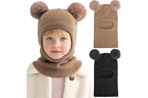 DRESHOW Kinder Wintermütze Warme Schal Schlupfmütze Strickmütze Kapuze Weiche Schalmütze mit Doppelt Bommel Pom Pom Beanie Mütze für Kleinkinder Jungen Mädchen 1-6 Jahre