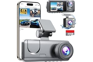 COOLFELL Dash Cam Front and Rear, 4K Full HD Dash Camera with 32GB SD Card, 3 Channel Dash Cam for Cars, Dashcam with Night Vision, 24H Parking Mode, G-Sensor, Loop Recording, 170°Wide Angle