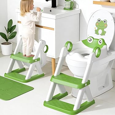 KiNDERWELT 3-delige set premium toiletbril, kruk & stabiel potje voor baby's en kinderen, grappig boerderijdesign, aquamarijn, klein toilet voor peuters, stabiele kruk met antislipfunctie