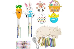 HERZWILD 12Pcs Easter Wooden Wind Chime Kit Easter Rabbit Wood Chips Easter Bunny Wind Chime Ornaments DIY Easter Wooden Bunny Wind Chime Hanging Craft Easter Party Decorations