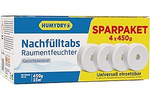 Humydry Nachfülltabs 4×450 g – Luftentfeuchter-Granulat zur Reduzierung hoher Luftfeuchtigkeit, verhindert Schimmel, Moder & Kondensation, einfache Anwendung