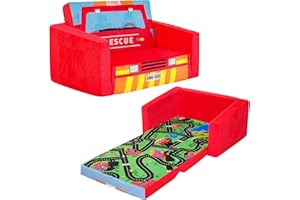 MALLBEST Divano letto pieghevole 2 in 1, Poltroncina per Bambini - Divano Rosso con Motivo Autopompa, Sdraio Imbottito e Pieghevole per Divertimento e Relax