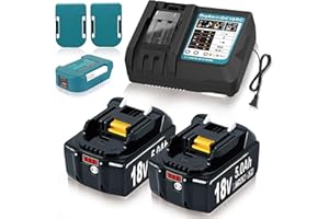 LAMBLUEFLY 2 x 18V 5Ah/5000mAh Batterie di Ricambio & Caricatore per Batteria Makita 18v, Compatibile BL1860 BL1860B BL1850 BL1850B BL1840 BL1840B BL1830 BL1830B BL1815-1845 194205-3, 2 Supporti & 1 Adattatore