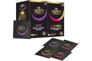 SKYN Elite Condoms Pack of 50 & 5 Senses Pack of 10 / Skynfeel Latex Free for Men, Ultra-Thin & Soft, Raised Dots, Cocktail Flavoured, Warming, Cooling