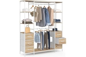 IDMarket - Vestidor doble armario + doble columna L. UTAH 140 cm con 6 estantes y 6 bandejas de tela de madera y blanco