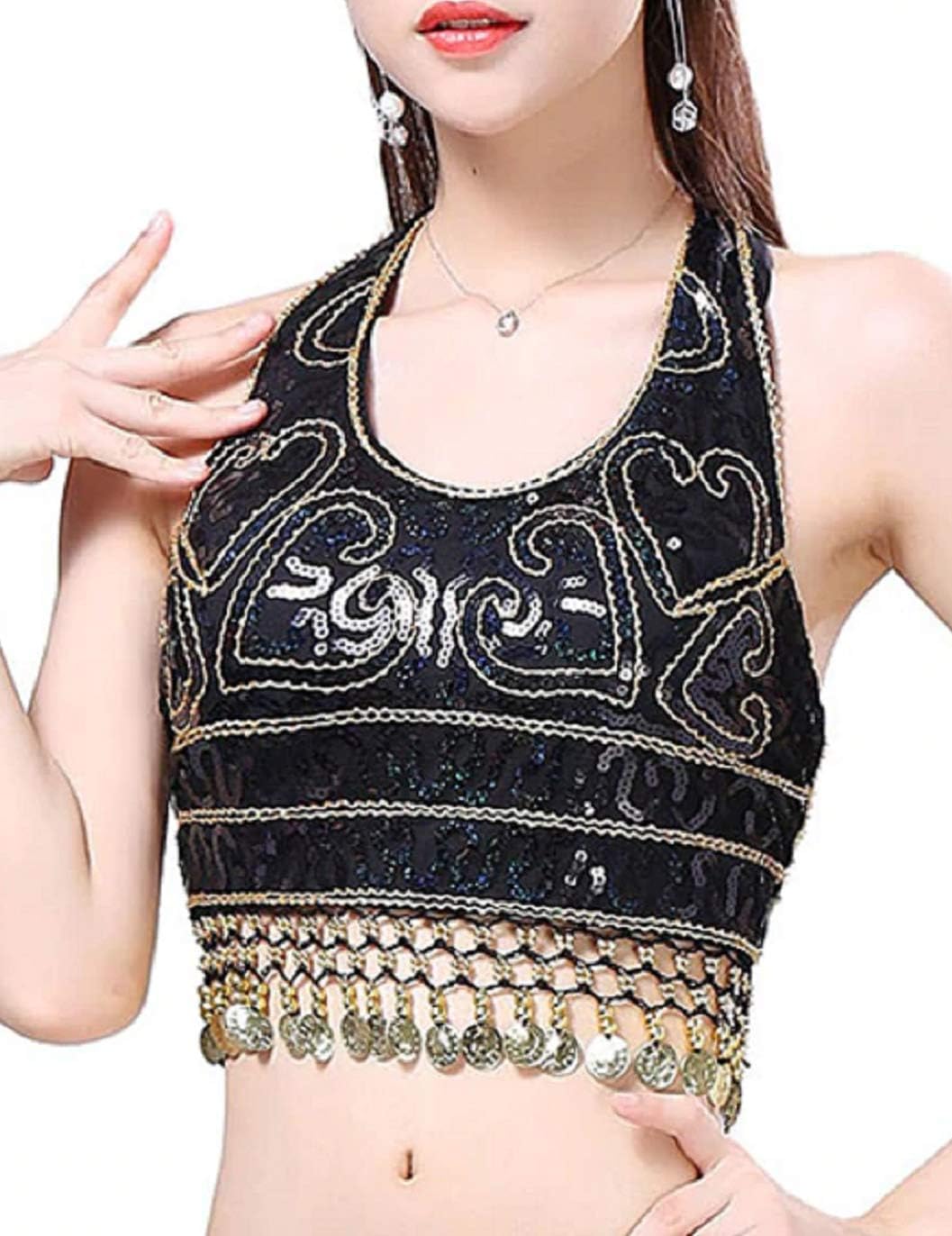 The Dance BibleSequin Coin Belly Dance Halter Crop Top for Girls and Women | Belly Dancing Costume, Latin Dance, Fancy Dress Costume, Stage Performance Wear, Festival Costume