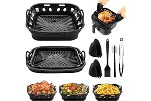 Foenwoen 22cm Molde Silicona Freidora de Aire con 2 Moldes Silicona,2 Guantes,Pinzas cocina,Pincel Cocina,Cepillo plato. Accesorios Freidora de Aire son compatibles con COSORI 5,5L Cecotec 6L(Negro)