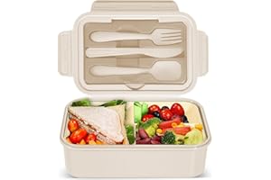 IJIAMY Bento Lunch Box - 1400ml Adult & Kids Lunch Container with 3 Compartments, Cutlery, Dishwasher Safe, BPA Free