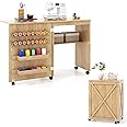 COSTWAY Folding Sewing Table, Rolling Craft Table Hobby Desk with Storage Shelves, 18 Pegs and Lockable Wheels, Barn-Door Drop Leaf Sewing Machine Table Cabinet Computer Desk Workstation (Natural)