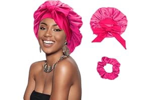 DRESHOW Gorro Saten Pelo Rizado Ajustable para Mujere Bonnet Seda para Dormir Gorro Seda Largo para Sueño con Banda Elástica para Mujeres
