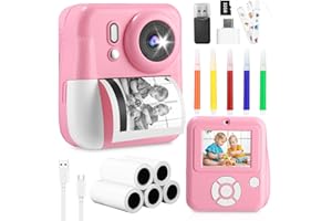 Tixexo Aparat dla dzieci, natychmiastowy aparat fotograficzny, trójkolorowy druk, 1080p, z kartą 32 GB i 6 rolkami papieru do drukowania, prezent dla dzieci w wieku 3-14 lat