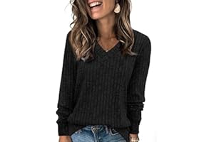 Fisoew Maglione Leggero a Maniche Lunghe con Scollo a V da Donna Elegante Pullover in Maglia a Costine Felpa