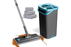 Masthome Mocio Lavapavimenti, Mocio Piatto in Microfibra e Secchio Strizzatore, Mop Lavapavimenti Rotante a 360°, con 6 Tamponi Riutilizzabili, per la Pulizia dei Pavimenti, Grigio + Verde