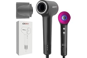 GRT PRO Sèche Cheveux Ionique 2200W Seche Cheveux Professionnel EC-Motor 110,000 rpm, 370g Léger Silencieux Séchage Rapide Brillance et Cheveux Lisses Les Salon de coiffure Voyages (gris)