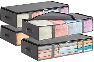 Lifewit 4 Piezas Bolsas de Almacenaje para Debajo de la Cama 90L, Cajas para Guardar Ropa con Ventana Transparente Frontal, Organizadore Armario para Toallas, Mantas, Gris