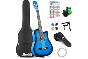 Moukey Guitare acoustique Acustica à pan coupé pour débutants, enfants, jeunes adultes avec affiche d'accord, sac de transport, accordeur, médiators, cordes en nylon, capodastre, sangle – Bleu