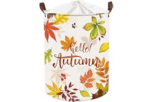 Clastyle 45L Cesta Ropa Sucia Otoño Hojas de Arce para Dormitorio Redonda Cestos Almacenaje Beige Juguetes Plegable, 36x45 cm